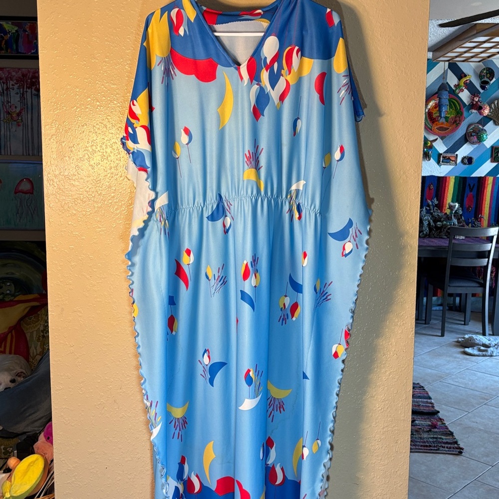 VINTAGE 70s Unique Kaftan Maxi Dress One Size beautiful vibrant, Crayola, blue,